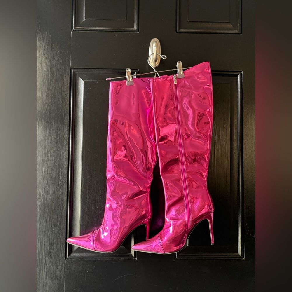 Metallic Pink Patent Leather Tall Stiletto Boots Size 9.5 - Picture 2 of 15